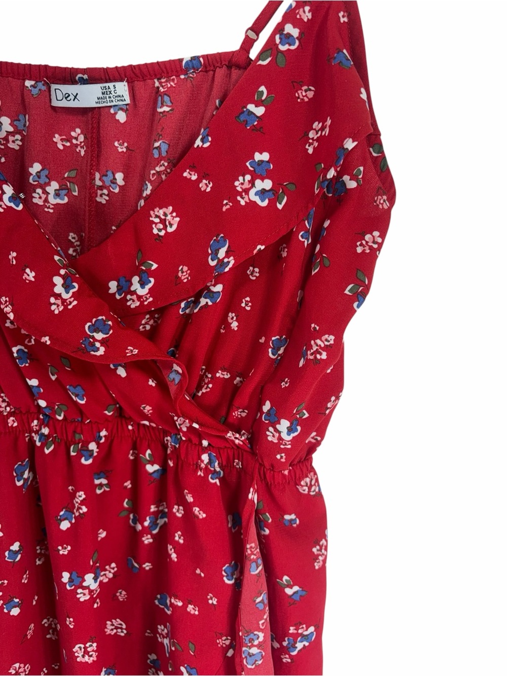 Dex Red Floral Spaghetti-Strap Dress with Blue and White Accents size small - Picture 7 of 13